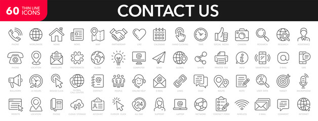 Contact us line icons set. Contact Us web icons in line style. Chat, support, message, phone, globe, point, chat, call, info - stock vector.