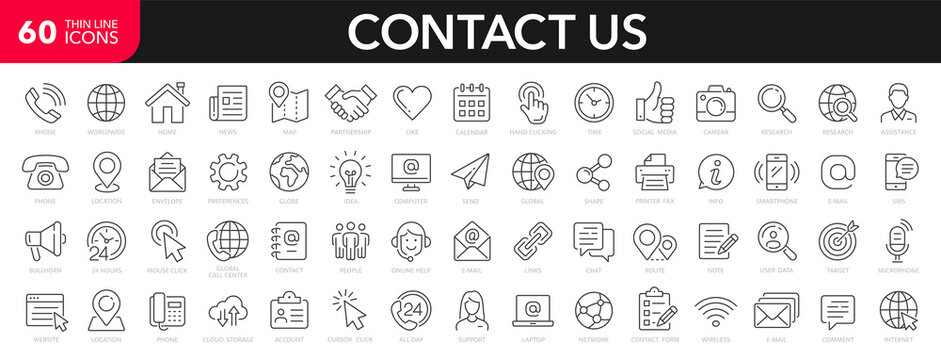 Contact us line icons set. Contact Us web icons in line style. Chat, support, message, phone, globe, point, chat, call, info - stock vector.