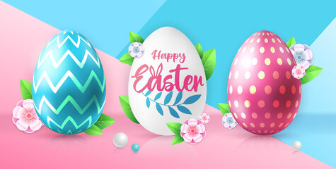 Holiday Easter background with colorful easter eggs. Greeting card or poster. Vector illustration