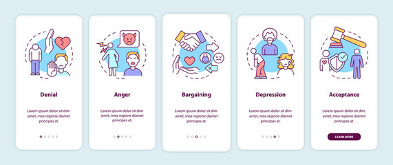 Divorce stages onboarding mobile app screen. Mental states walkthrough 5 steps graphic instructions pages with linear concepts. UI, UX, GUI template. Myriad Pro-Bold, Regular fonts used