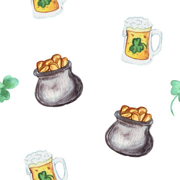 St. Patrick's day seamless pattern with pots, clover,beer, coins and pot of gold. Background for St. Patrick's day. Watercolor St. Patrick's day repeated pattern.