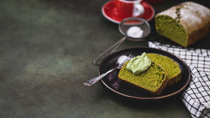 Matcha tea cupcakes. Delicious dessert for tea or coffee time. Japanese matcha green tea.