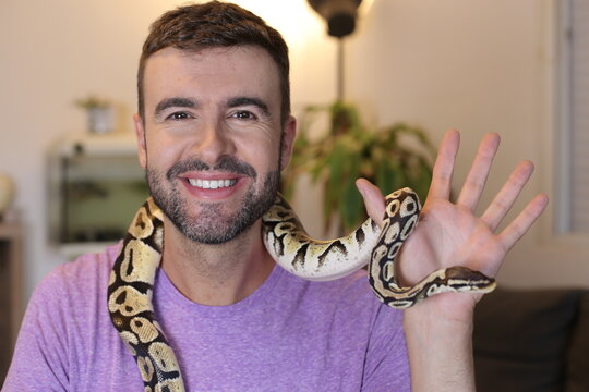 Cute man holding exotic ball python   