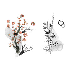 Ink painted compositions with plants, branches and spots.