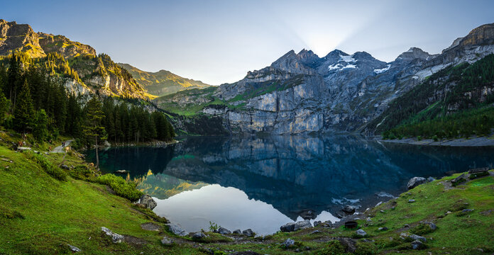 Lake Oeschinensee in the morning during sunrise in Switzerland