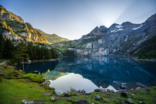 Lake Oeschinensee in the morning during sunrise in Switzerland