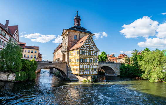 Old town hall of Bamberg over the river Regnitz