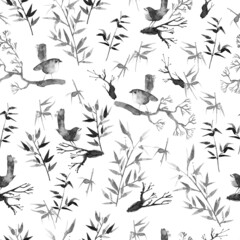 Seamless pattern with branches and little birds in oriental style. Hand drawn watercolor illustartion.