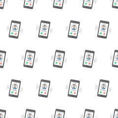 Smartphone With Incoming Call Seamless Pattern On A White Background. Phone Call Theme Vector Illustration