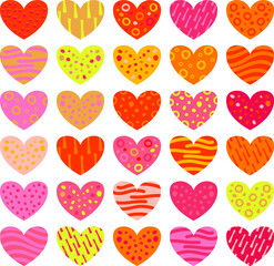 Collection of multicolored hearts. Bright patterns in the shape of a heart.