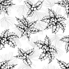 Seamless pattern with holly berry and pine branches. Black and white hand drawn vector illustration.