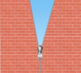 A red brick wall has a zipper that has opened part of the wall to reveal a blue sky in this 3-d illustration.