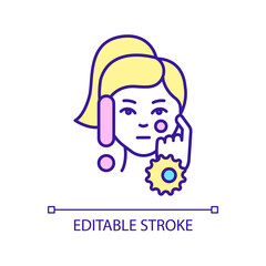 Avoid face touching RGB color icon. Prevent infection spreading. Skincare routine. Beauty and health. Isolated vector illustration. Simple filled line drawing. Editable stroke. Arial font used