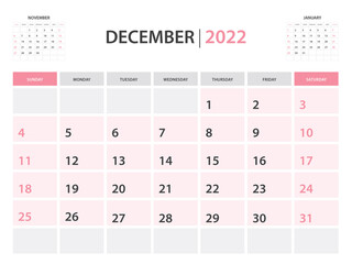 Calendar 2022 template, December 2022 layout, Printable minimalist monthly planner, Desk Calendar 2022 template, Wall calendar design, Week Start On Sunday, Stationery, printing, pink color, vector