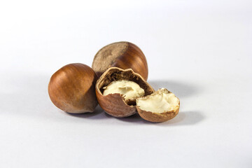 Fresh cracked open hazelnut isolated on white background