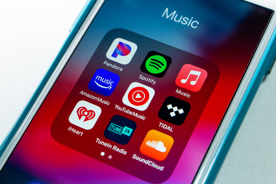 Kumamoto, JAPAN - Oct 25 2021 : Popular subscription music streaming and radio apps (Pandora, Spotify, Apple Music, Amazon Music, YouTube Music, Tidal app, iHeart, Tuneln Radio, SoundCloud) on iPhone