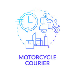 Motorcycle courier blue gradient concept icon. Transport for delivery business abstract idea thin line illustration. Isolated outline drawing. Roboto-Medium, Myriad Pro-Bold fonts used