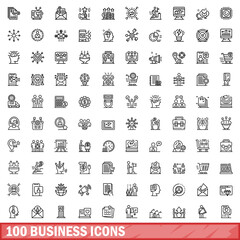 100 business icons set, outline style