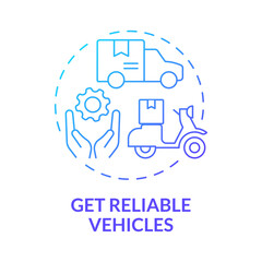 Get reliable vehicles blue gradient concept icon. Freight delivery business abstract idea thin line illustration. Isolated outline drawing. Roboto-Medium, Myriad Pro-Bold fonts used