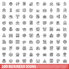 100 business icons set, outline style