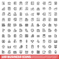 100 business icons set, outline style