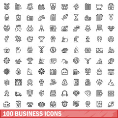 100 business icons set, outline style
