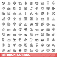 100 business icons set, outline style