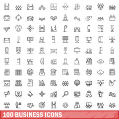 100 business icons set, outline style
