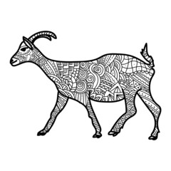 Animal symbol of the eastern horoscope goat with ornate patterns, meditative animalistic coloring page