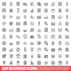 100 business icons set, outline style