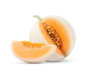 cantaloupe melon with seeds isolated on white