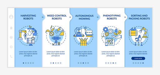 Agricultural innovations blue and white onboarding template. Weed control. Responsive mobile website with linear concept icons. Web page walkthrough 5 step screens. Lato-Bold, Regular fonts used