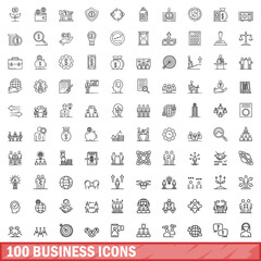 100 business icons set, outline style
