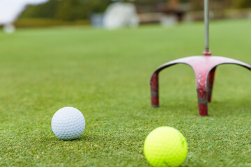 ゴルフ場のパターグリーンと真っ白いゴルフボール