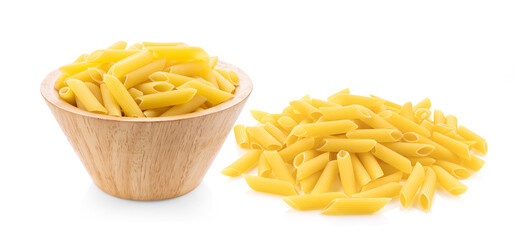 Pile of raw Macaroni (Gomiti Pasta) in wood bowl Isolated on white