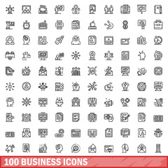 100 business icons set, outline style - obrazy, fototapety, plakaty