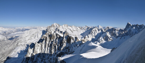 Winter landscape in the French Alps: panoramic view of the Mont Blanc massif