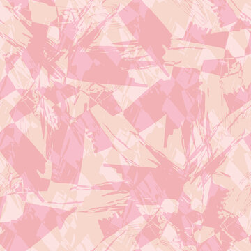 Abstract Painted Vector Glitch Style Seamless Pattern Background. Duotone Pink Cream Backdrop With Overlapping Bold Brush Strokes. Scribble Imperfect Texture Blend Checkered Effect With Sharp Shapes