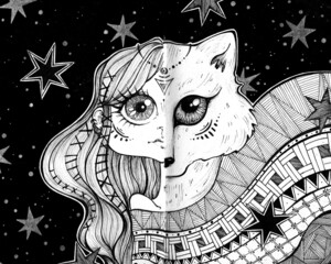 wolf girl.  book illustration.  black and white graphics.  hand drawing.