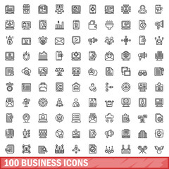 100 business icons set, outline style