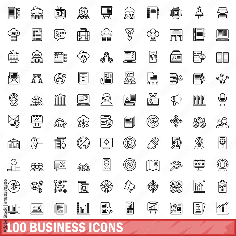 Wall mural 100 business icons set, outline style