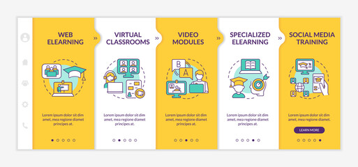 Elearning types yellow onboarding template. Online education. Responsive mobile website with linear concept icons. Web page walkthrough 5 step screens. Lato-Bold, Regular fonts used