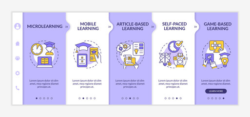 Elearning methods purple and white onboarding template. Digital education. Responsive mobile website with linear concept icons. Web page walkthrough 5 step screens. Lato-Bold, Regular fonts used