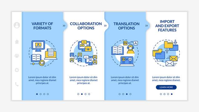 Elearning platforms blue and white onboarding template. Online education. Responsive mobile website with linear concept icons. Web page walkthrough 4 step screens. Lato-Bold, Regular fonts used