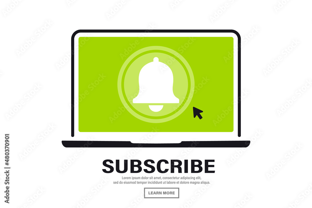 Leinwandbilder Laptop computer screen showing subscribe button. Subscribe button to channel or blog with cursor. Social media concept, blogging, promotion, streaming video. Play button. Vector illustration