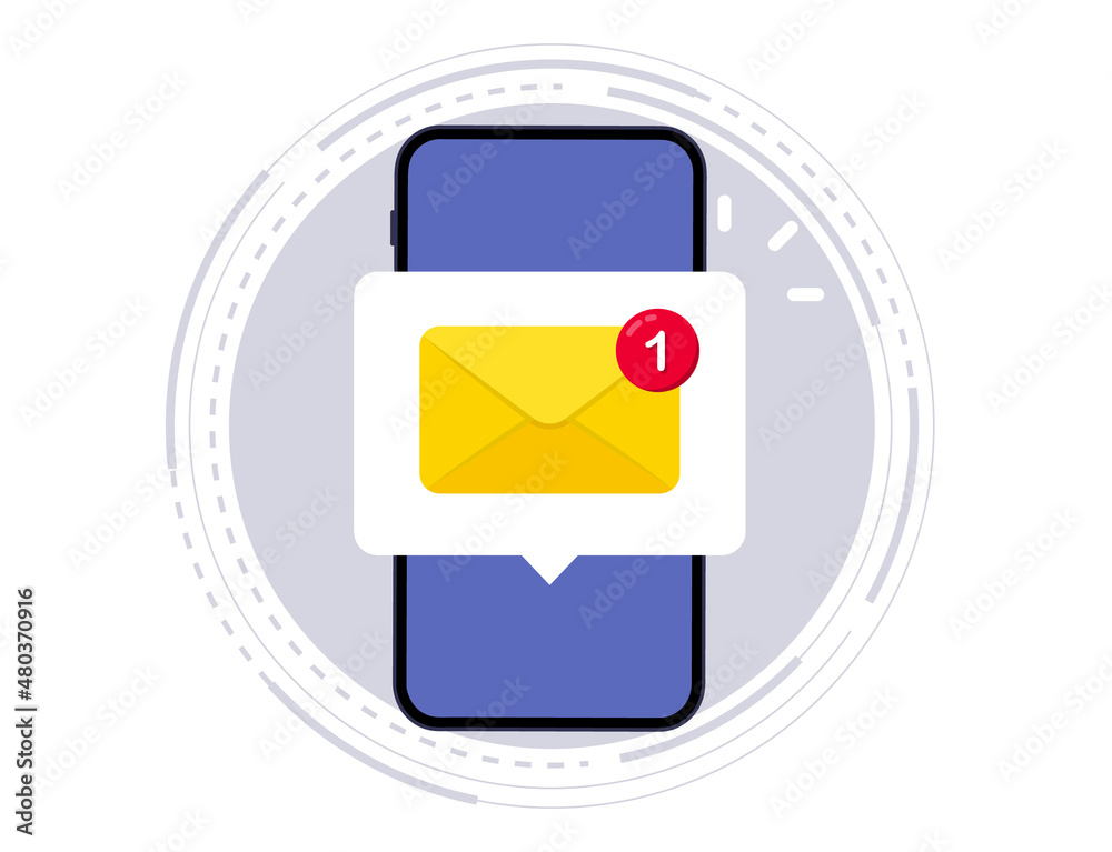 Fototapete Email notification. New email notification on the smartphone screen. New message on the phone. Mail application, envelope with new message. Unread email notification. Vector illustration