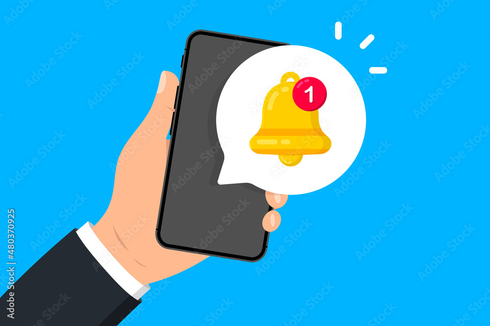 Leinwandbilder Hand holds phone with notification. Alert message on smartphone screen. New notification arrived. Notification concept of new message or other notice. Unread email. Vector illustration