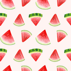 Watermelon seamless pattern. Watercolor pattern with slices of juicy watermelon on a light pink background. Summer design for textiles, stationery, menus and packaging.