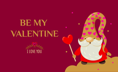 Cute gnome in a cap with a heart print. Valentine's day design. Festive banner, web poster, greeting card,. R