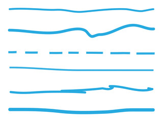 Blue lines hand drawn vector set isolated on white background. Collection of doodle lines, hand drawn template. Blue marker and grunge brush stroke lines, vector illustration